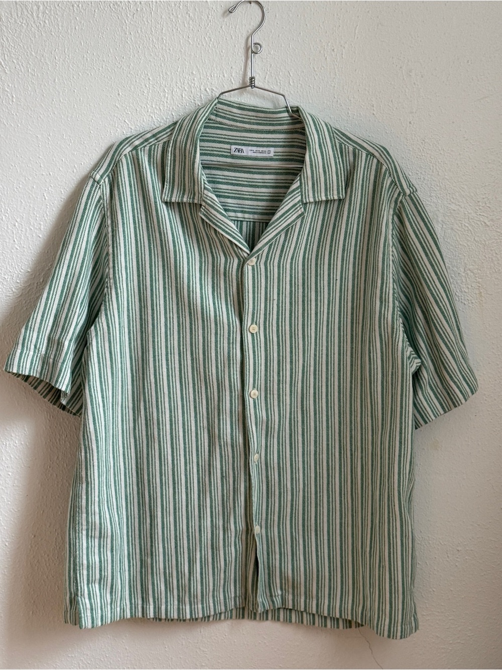 Zara Men’s Green Striped Short-Sleeve Camp Shirt